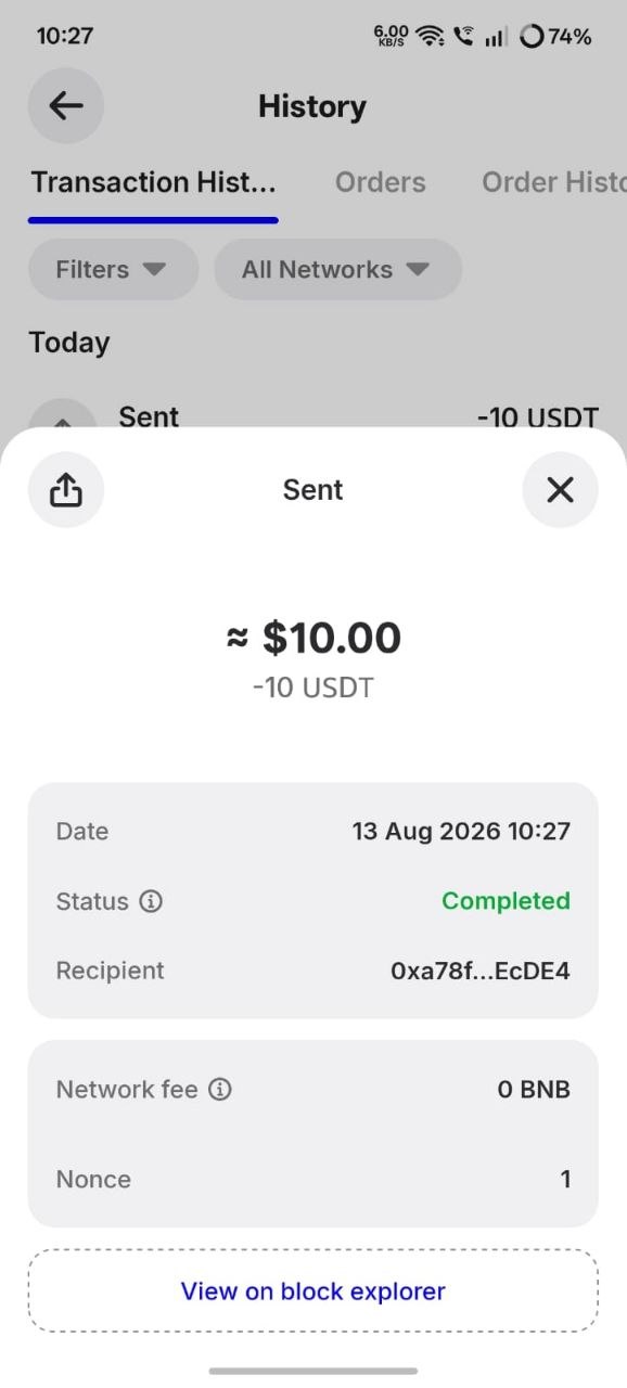 Trust Wallet transaction detail showing Sent 10 USDT, status Completed, network fee 0 BNB, nonce 1
